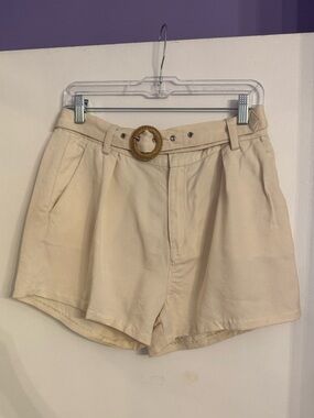 PAIGE Cream High-Waisted Pleated Shorts with Woven Belt